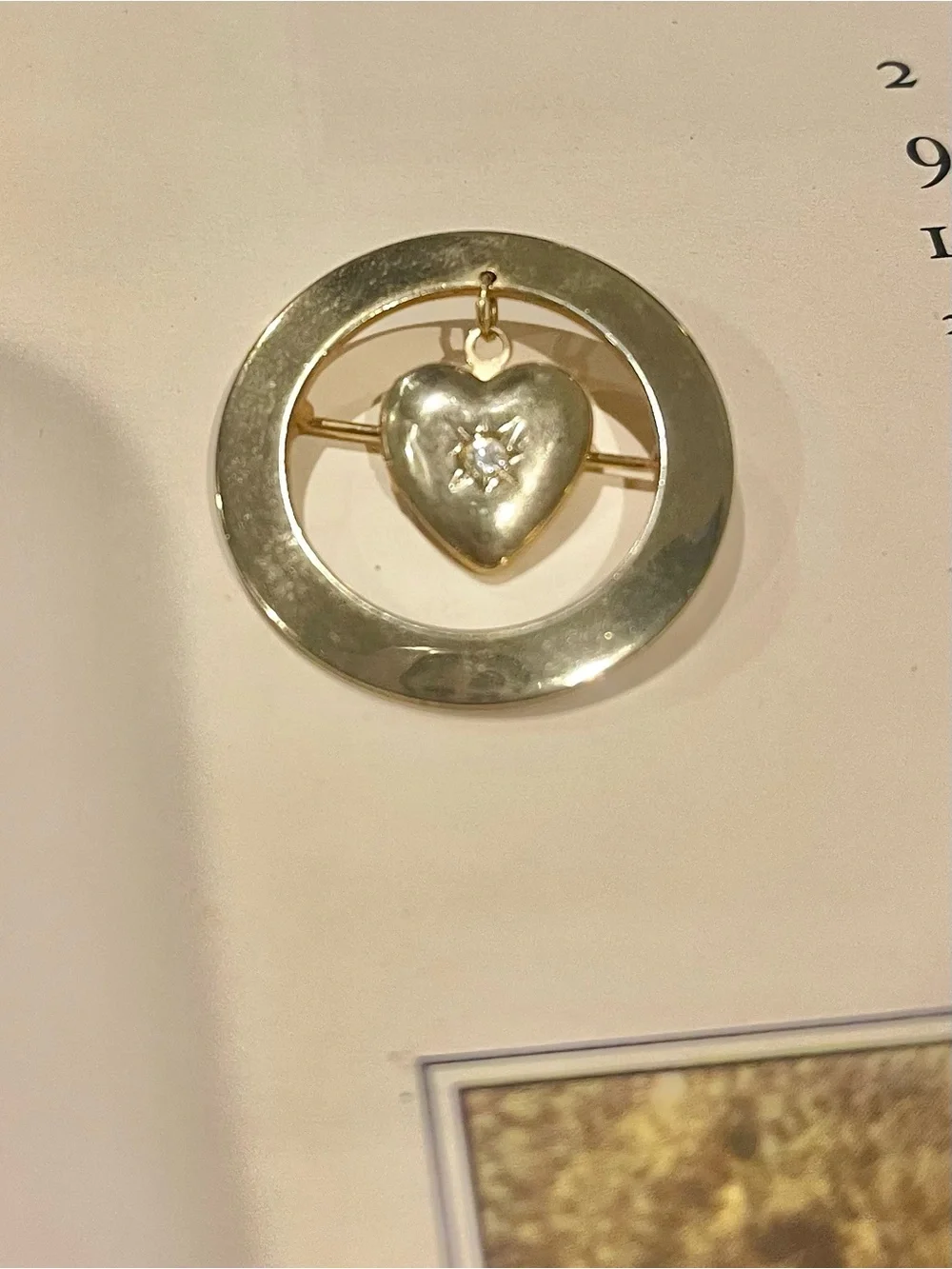 Vintage Gold Heart Locket with Starburst Diamond Flake-Circle Brooch